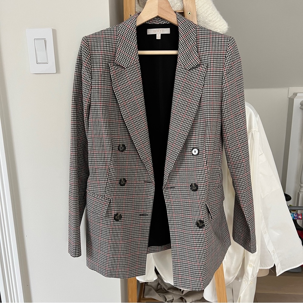 Plaid black, white, red double breasted blazer